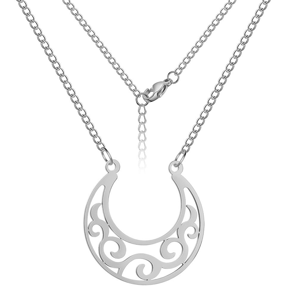 Cut Titanium Steel Hollow Moon Curl Pattern Pendant 18K Real Gold Plated Women's Stainless Steel Necklace