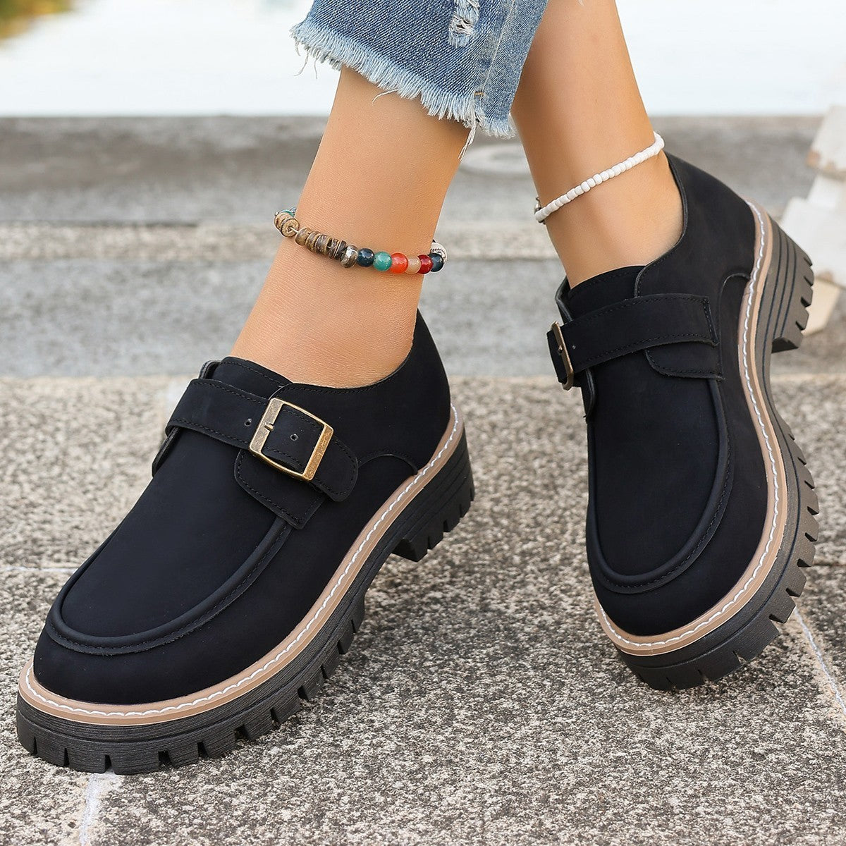 Fashion Buckle Loafers For Women British Style Height-increasing Thick-soled Casual Shoes