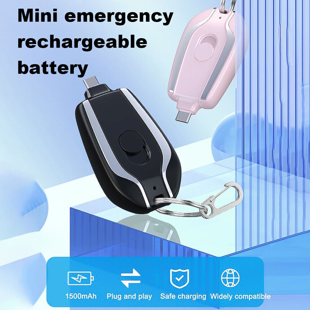 Minicargador de llavero de emergencia de 1500mAh con minibatería ultracompacta tipo C, Banco de energía de respaldo de carga rápida