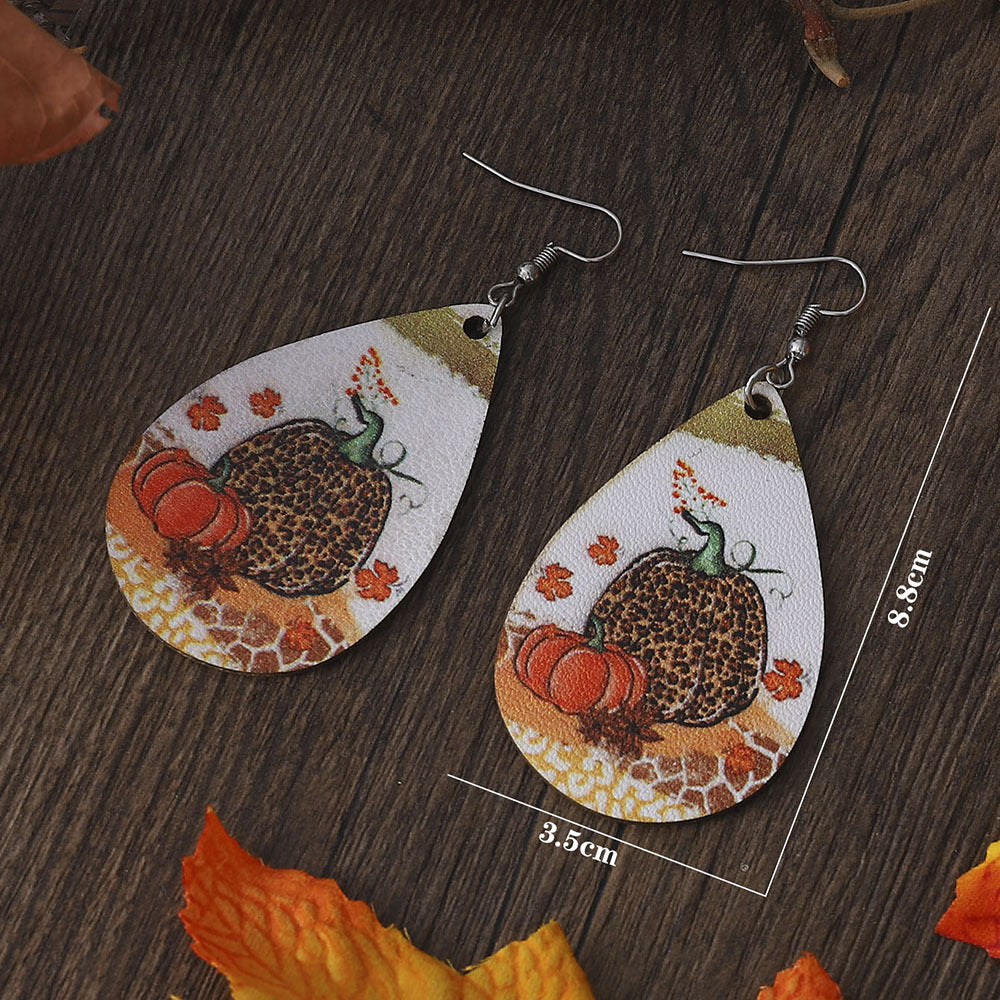 Thanksgiving Leopard Pumpkin Maple Leaf Double-sided Water Drop PU Leather Earrings