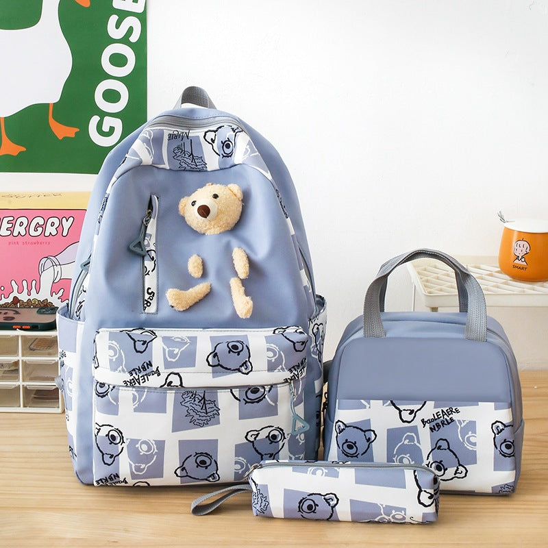 Conjunto de tres piezas de fiambrera con oso bonito para mujer, mochilas escolares para estudiantes de primaria y secundaria