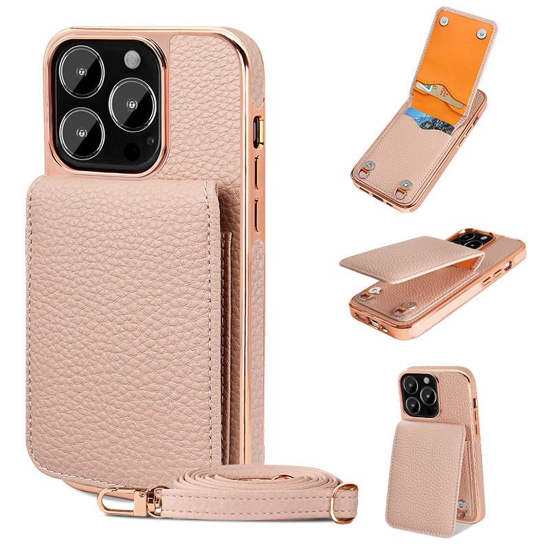 Funda para teléfono con cordón y billetera con patrón de litchi para 14