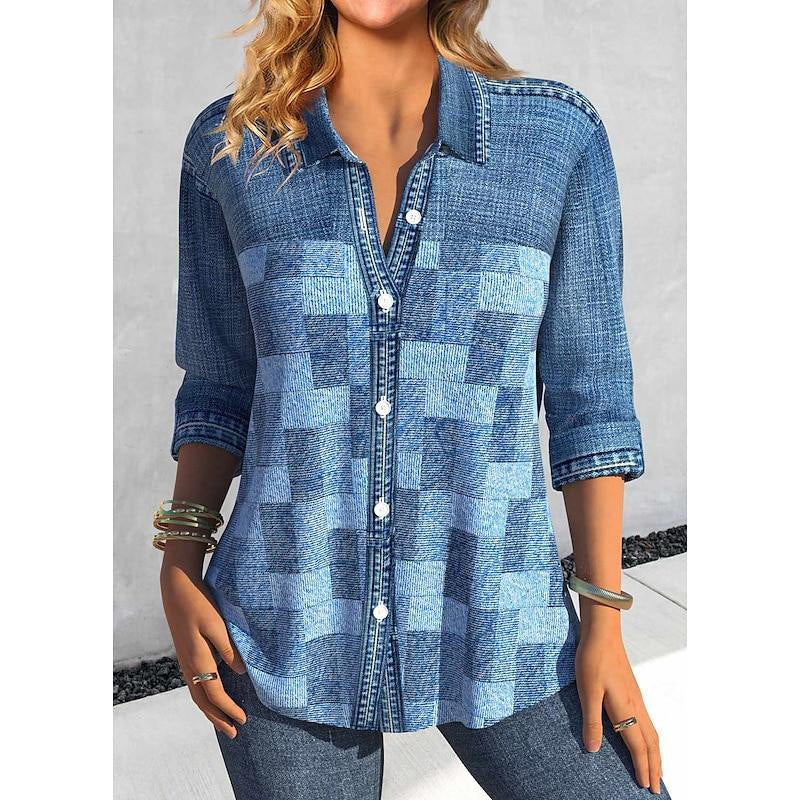 Casual Polo Collar Women's Plaid Simple Floral Print Mid-length Sleeves Shirt