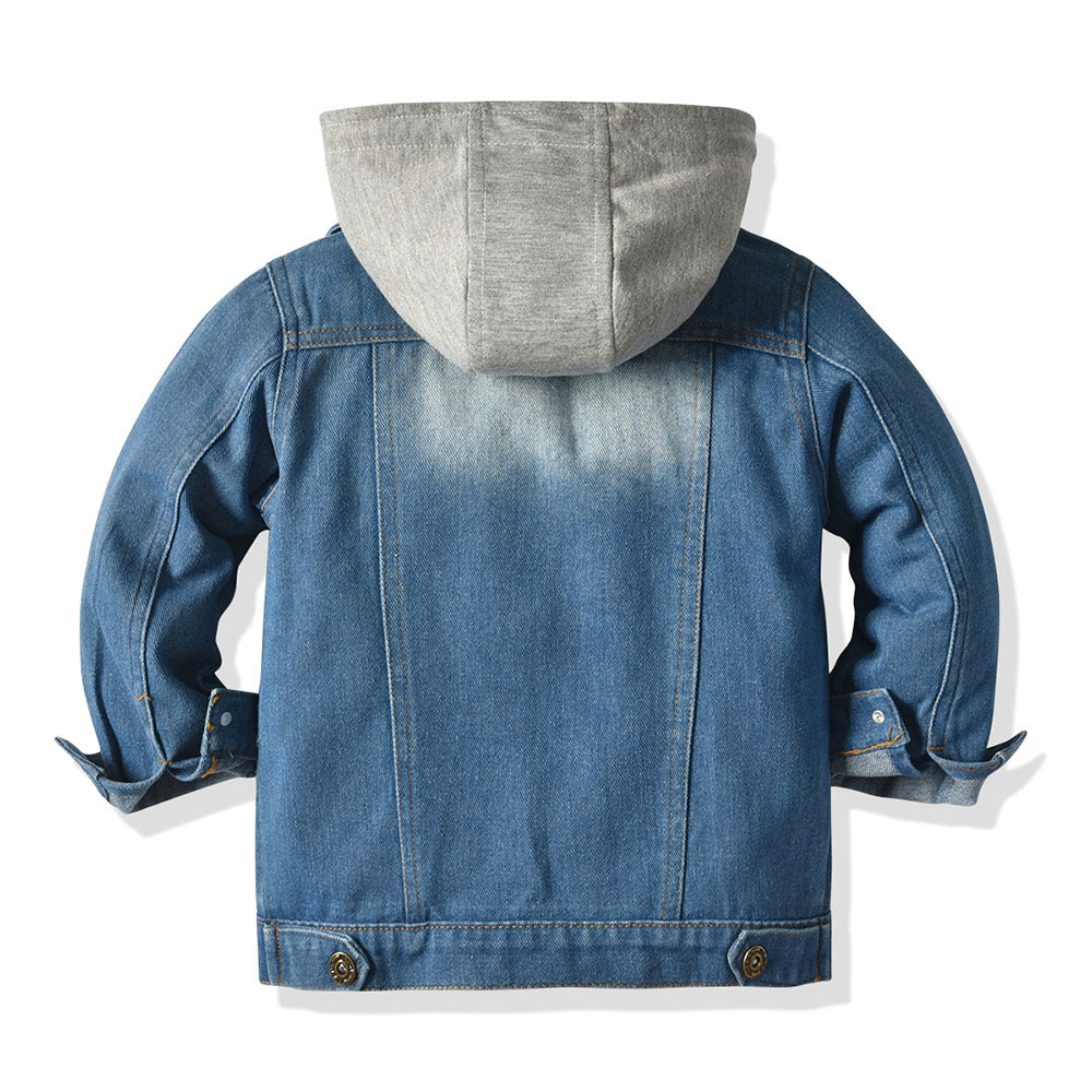 Chaqueta vaquera falsa de dos piezas para niños, top informal de moda con capucha para niños