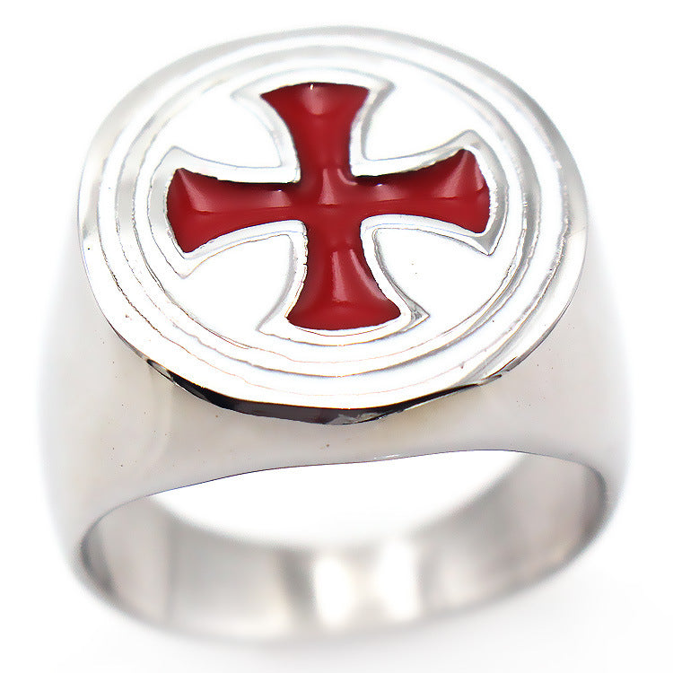 Anillo retro de acero de titanio para hombre con cruz de goteo roja