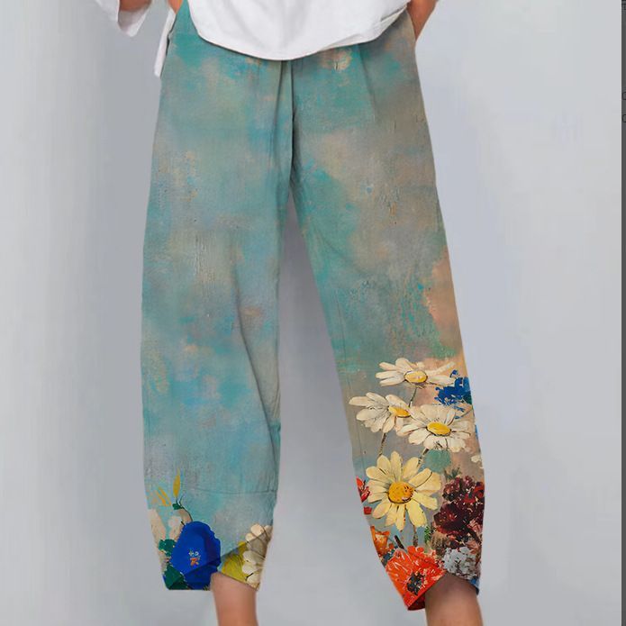 Printed Loose Casual Elastic Waist Straight-leg Pants