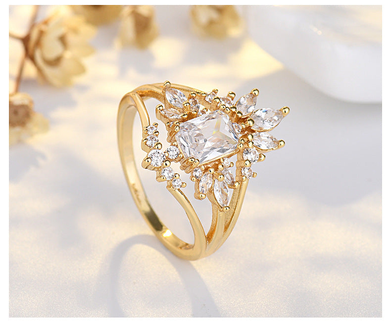 Light Luxury Zircon Water Drops Square Geometric Sterling Silver Ring Fashion Special-interest