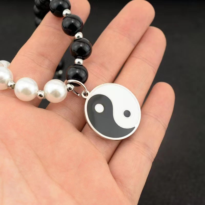 Yin Yang Tai Chi Gossip Pendant Necklace Black And White String Of Pearls