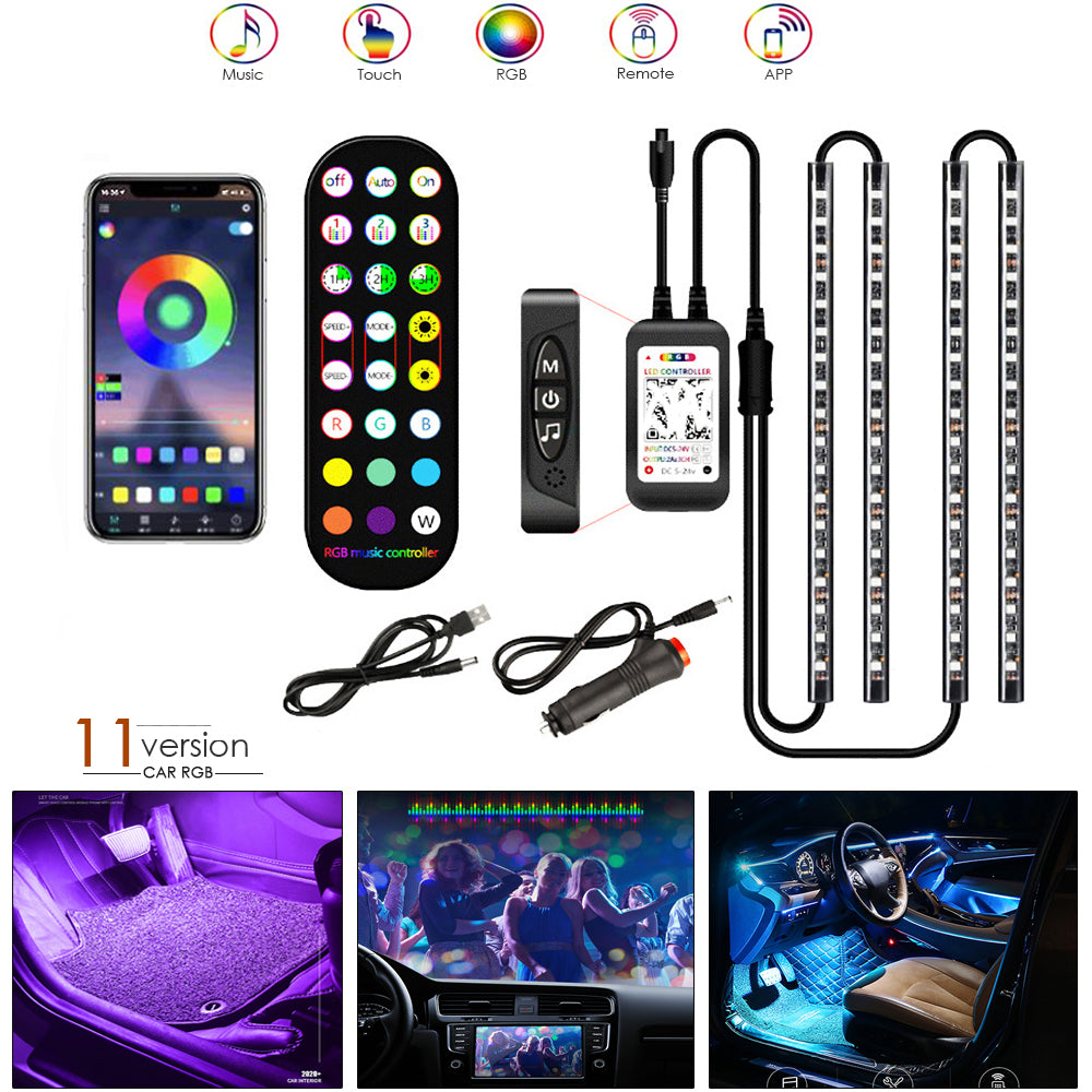 Lámpara decorativa de estilo, luz LED Interior para coche, lámpara ambiental impermeable, Control remoto inalámbrico de música, tira de luces RGB para coche