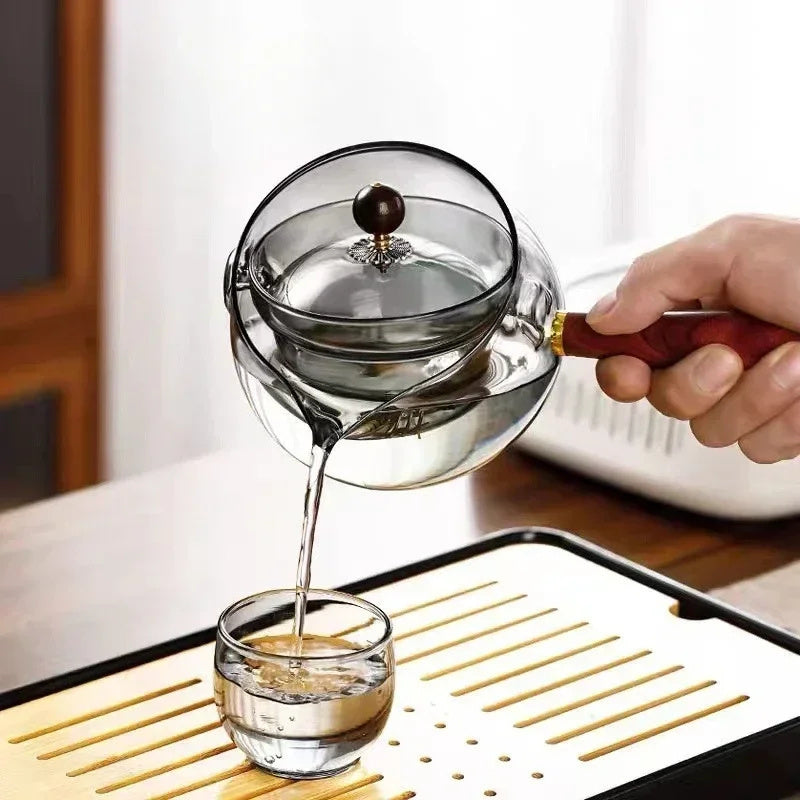 Tetera de vidrio rotativa semiautomática resistente al calor, fabricación de té perezoso con infusor y mango de madera, accesorios para el hogar y la Oficina, utensilios de cocina