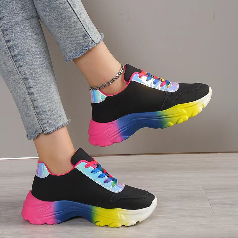 Zapatos deportivos estilo INS de Color arcoíris para mujer, zapatillas de deporte con cordones y parte inferior gruesa, zapatos para correr y caminar ligeros informales a la moda