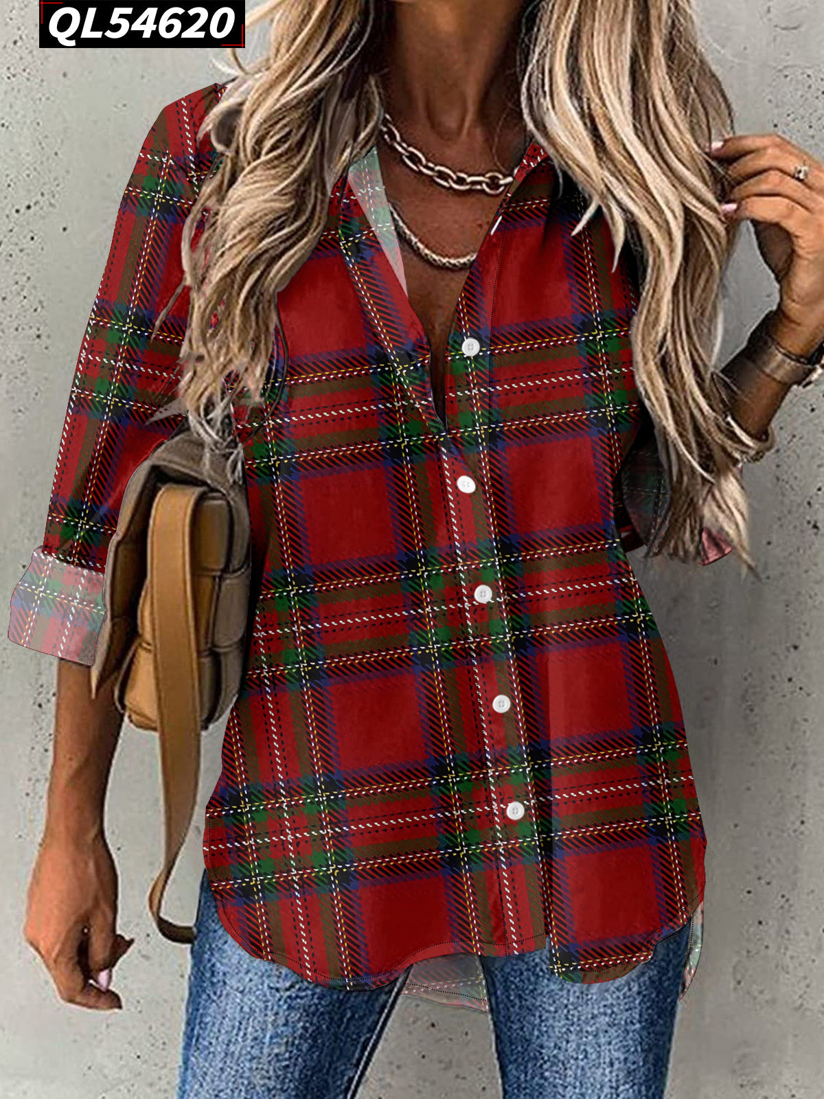 Casual Polo Collar Women's Plaid Simple Floral Print Mid-length Sleeves Shirt