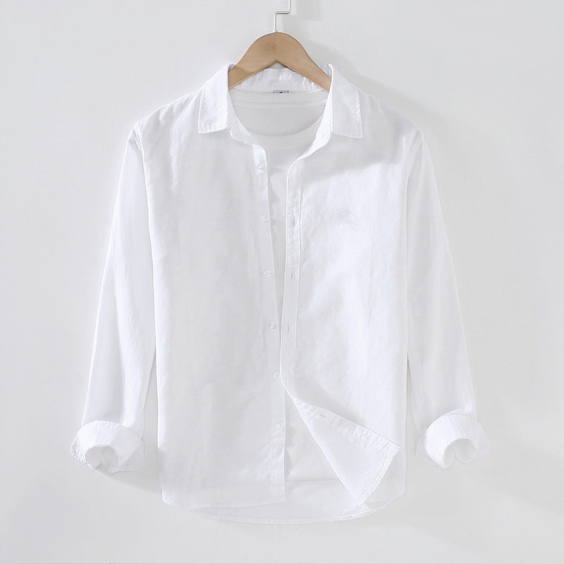 Spring And Summer Men's Linen White Long-sleeved Shirt