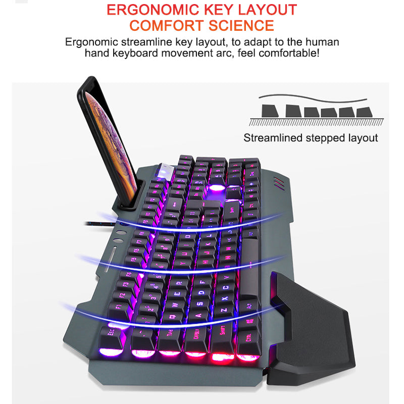 Teclado ergonómico para juegos con cable y soporte para teléfono con retroiluminación RGB