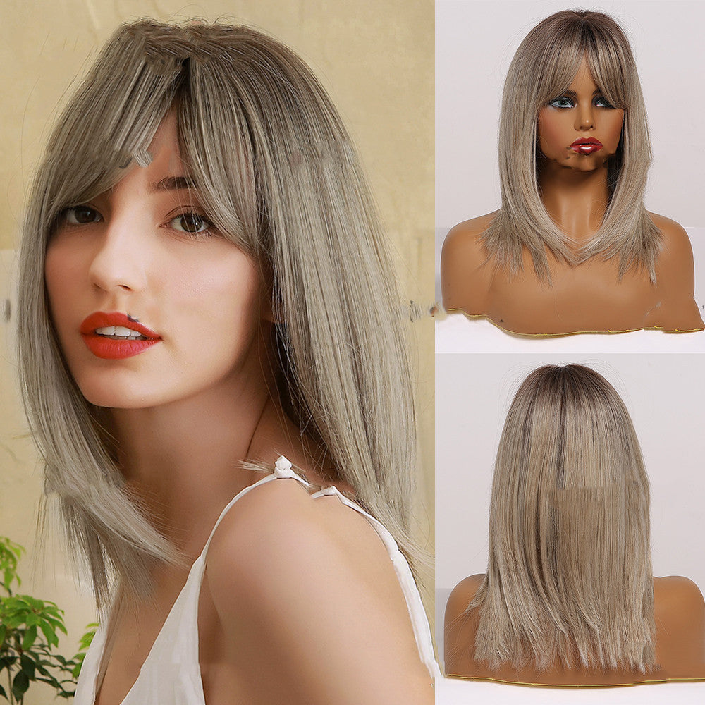 Wig, Eight-character Bangs, Gradient Golden High-grade Gray Medium Straight Hair