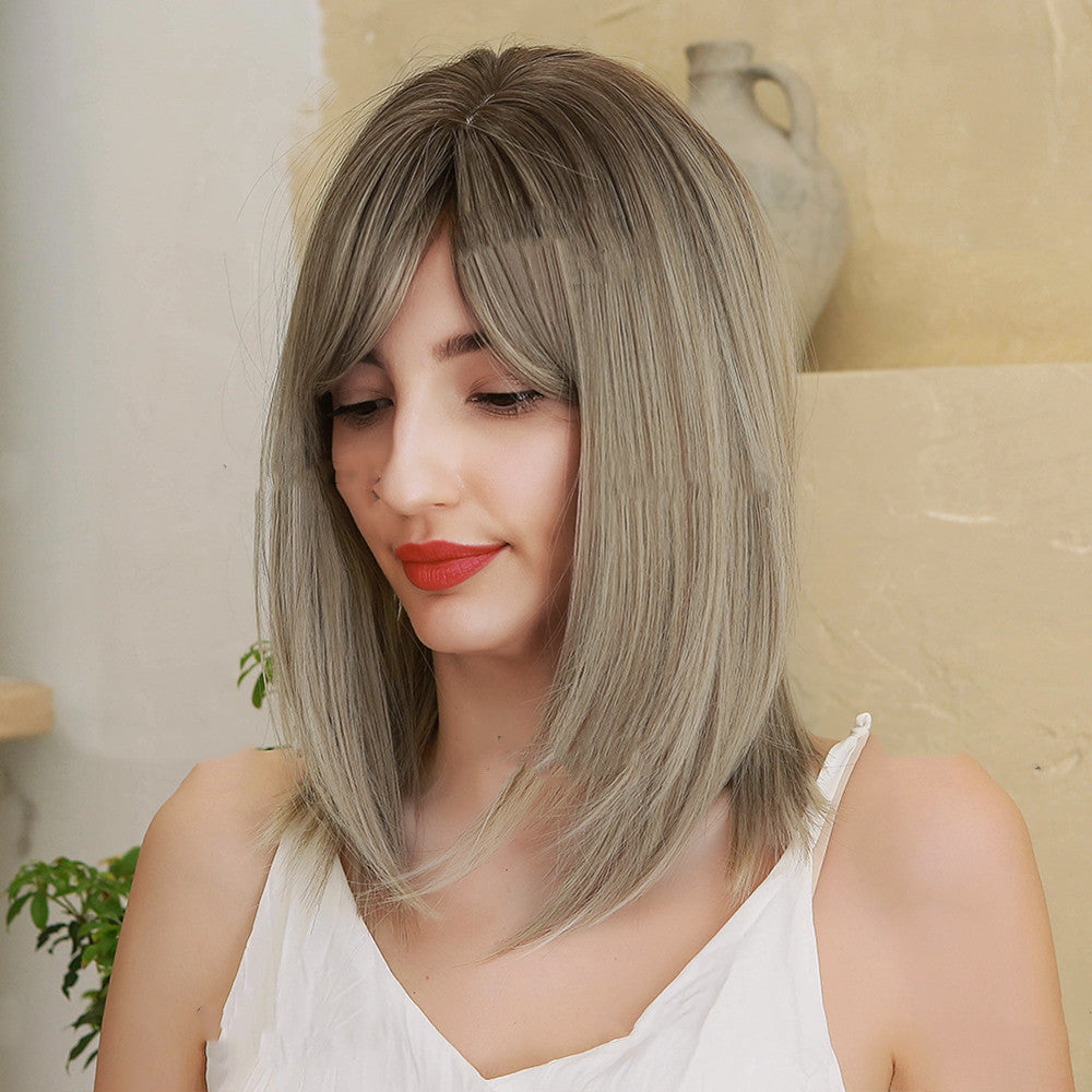 Wig, Eight-character Bangs, Gradient Golden High-grade Gray Medium Straight Hair