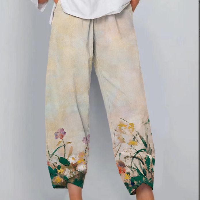 Printed Loose Casual Elastic Waist Straight-leg Pants