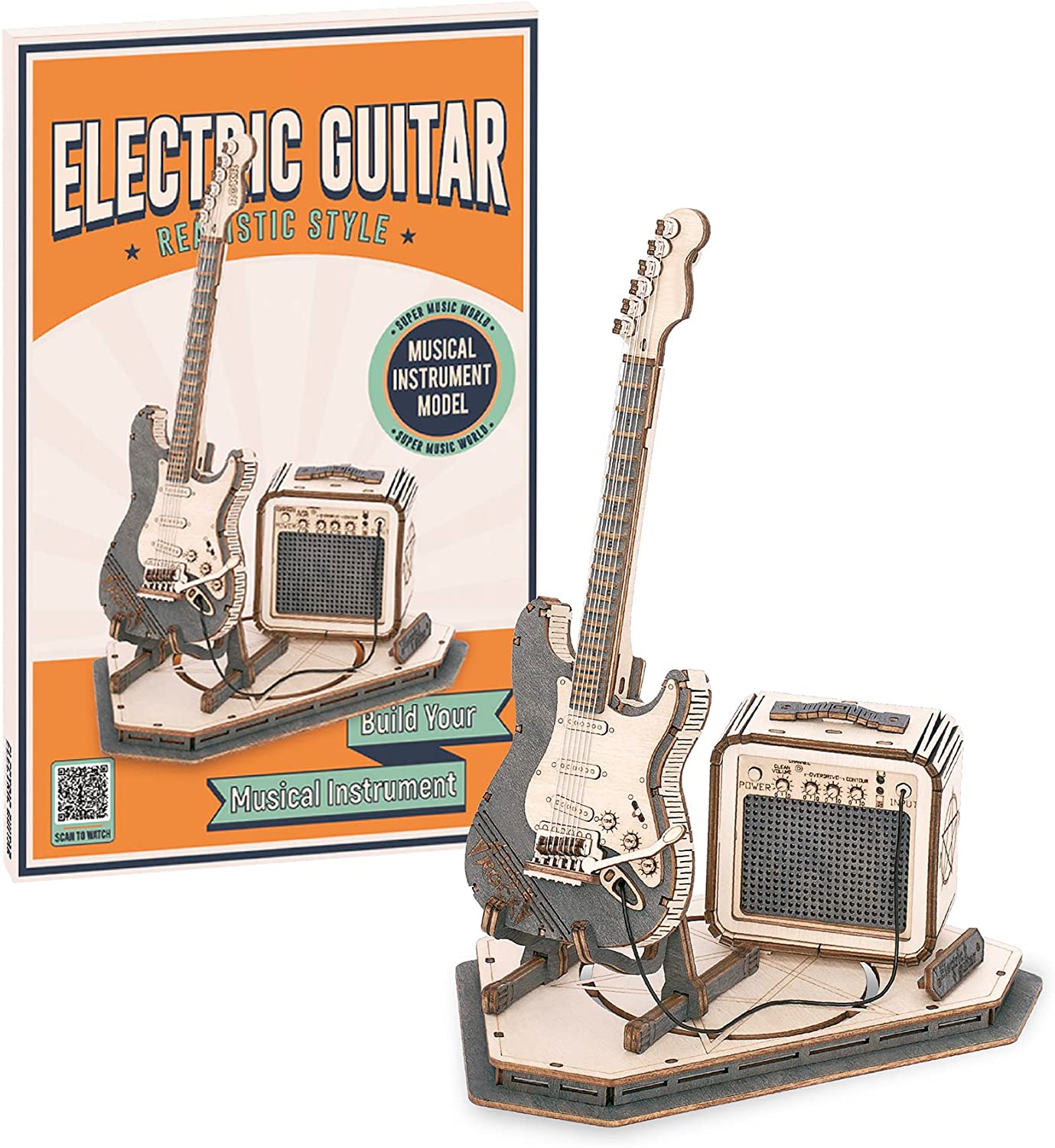 Robotime ROKR guitarra eléctrica modelo regalo para niños ensamblaje juguetes creativos juego de bloques de construcción rompecabezas de madera 3D-TG605K