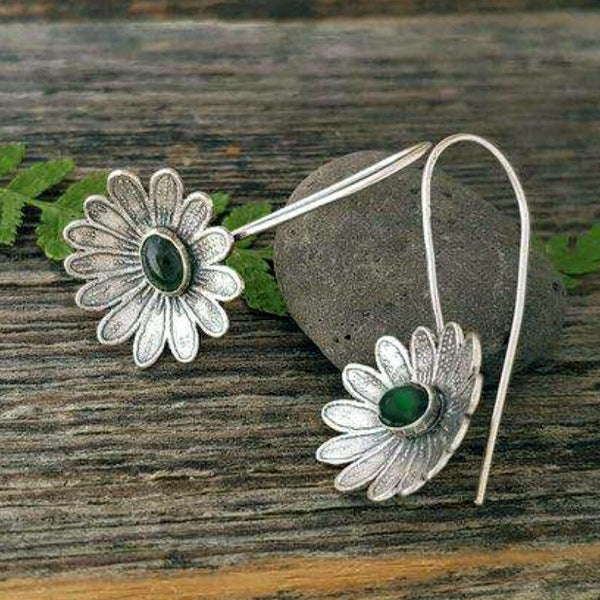 Ancient Silver Lotus Emerald Earrings