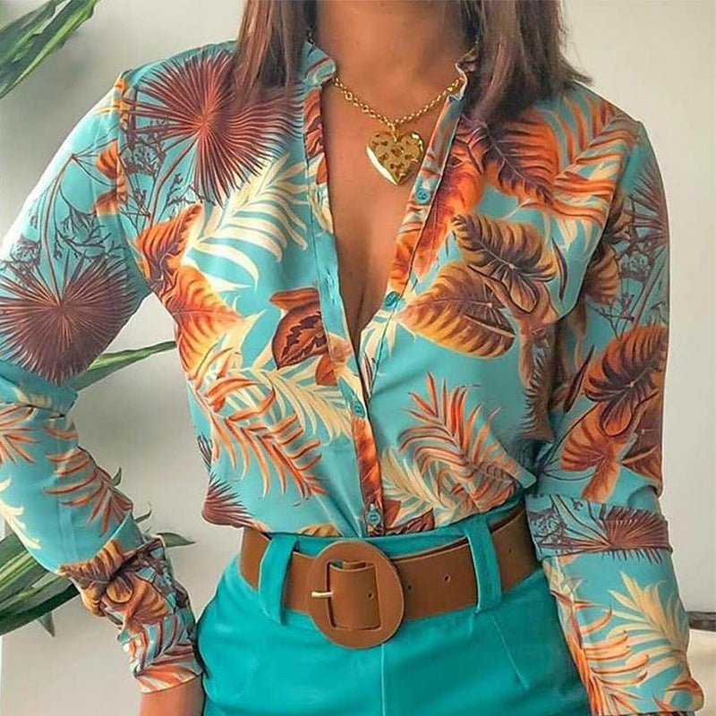 Women's Printed Stand Collar Long-sleeved Shirt