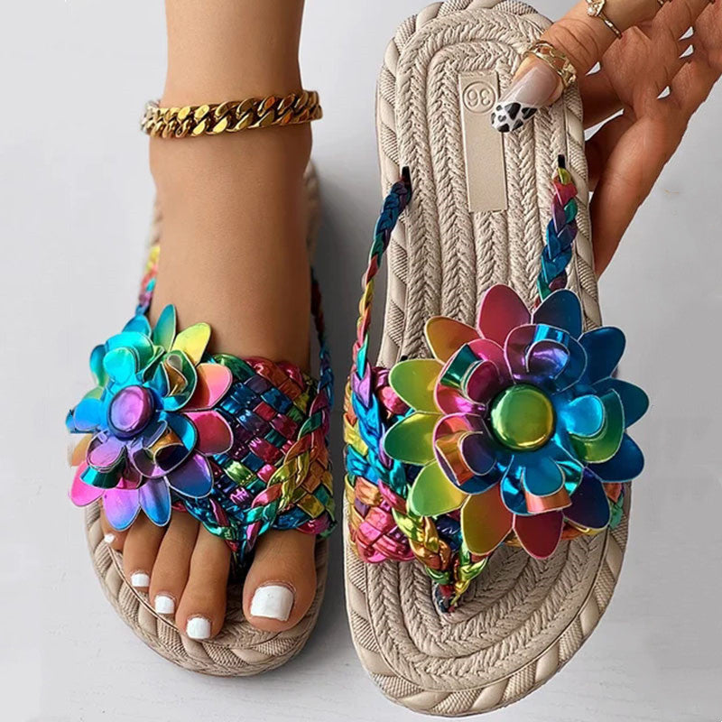 Chanclas de playa estampadas tejidas para vacaciones planas de zapatos casuales de moda para mujer