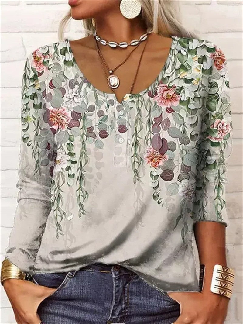 Camiseta holgada con botones y cuello en U floral geométrica de manga larga para mujer