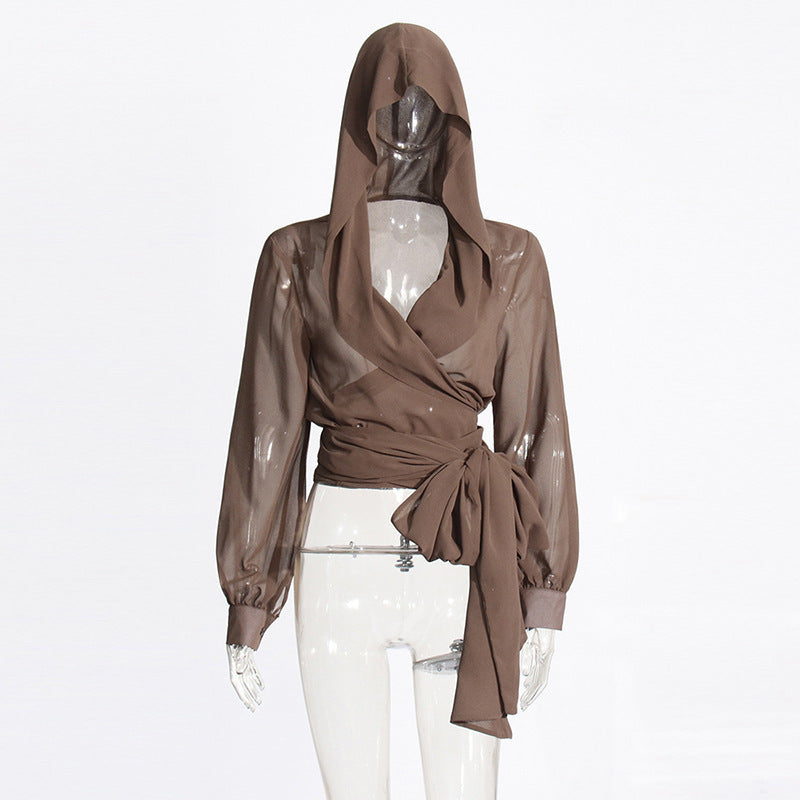 Cross V-neck Lace-up Waist-controlled Mesh See-through Hooded Top