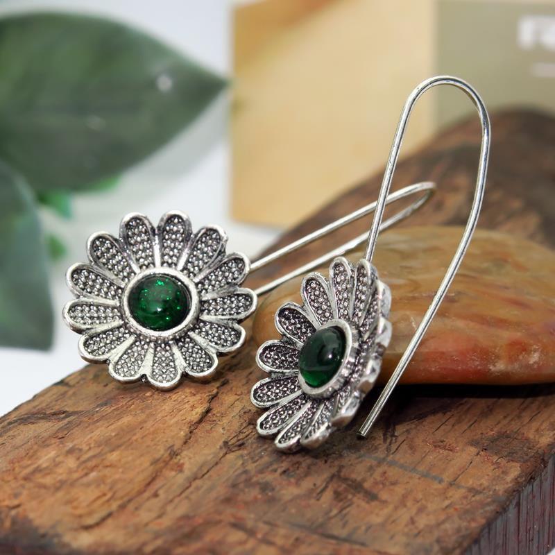 Ancient Silver Lotus Emerald Earrings