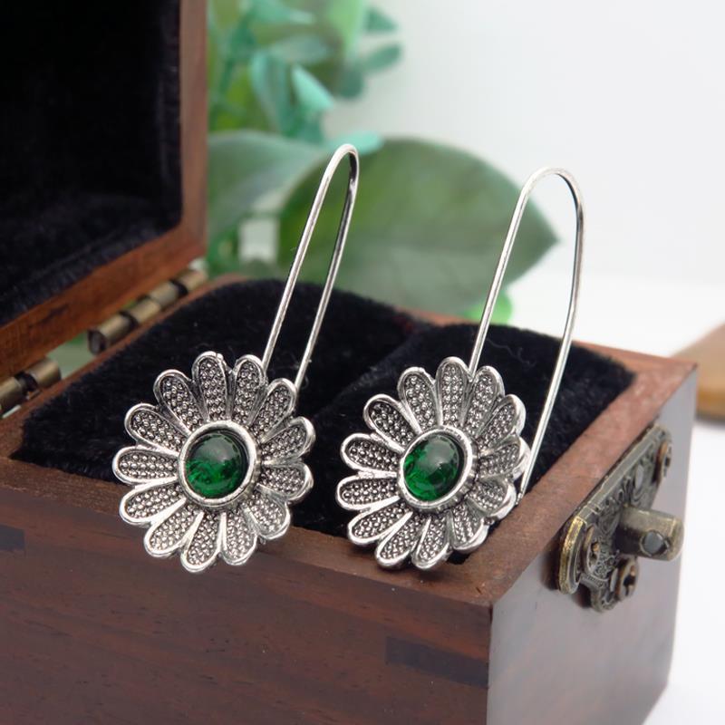 Ancient Silver Lotus Emerald Earrings