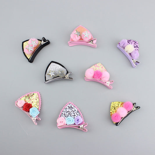 2pcs Set Cute Clips For Girls Glitter Rainbow Felt Fabric Flowers Hairpins Cat Ears Bunny Barrettes Kids Hair Accessories