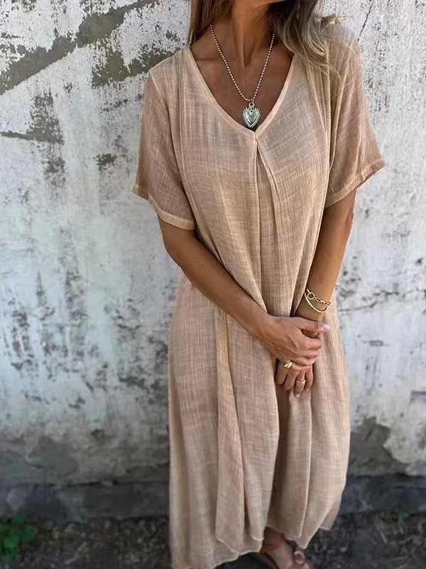 Vestido semiformal con cuello en V de lino y algodón con temperamento a la moda para mujer