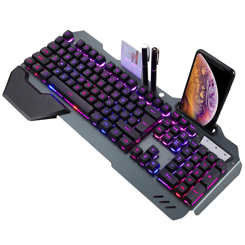 Teclado ergonómico para juegos con cable y soporte para teléfono con retroiluminación RGB