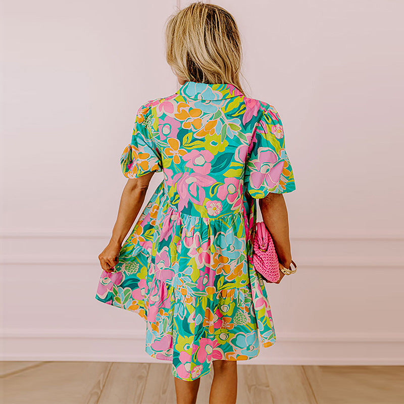 Summer Floral Print Puff Sleeve Dress