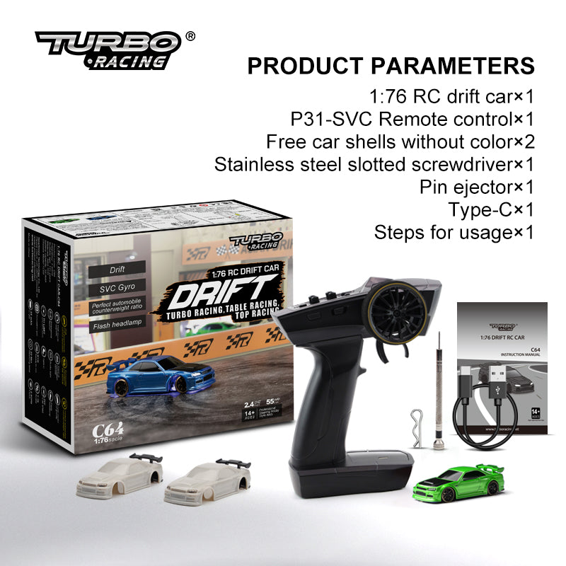 Turbo Racing 1vs76 C64 Drift RC Car con Gyro Radio, juguetes de Control remoto totalmente proporcional, Kit RTR para niños y adultos