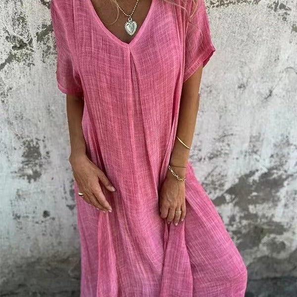 Vestido semiformal con cuello en V de lino y algodón con temperamento a la moda para mujer