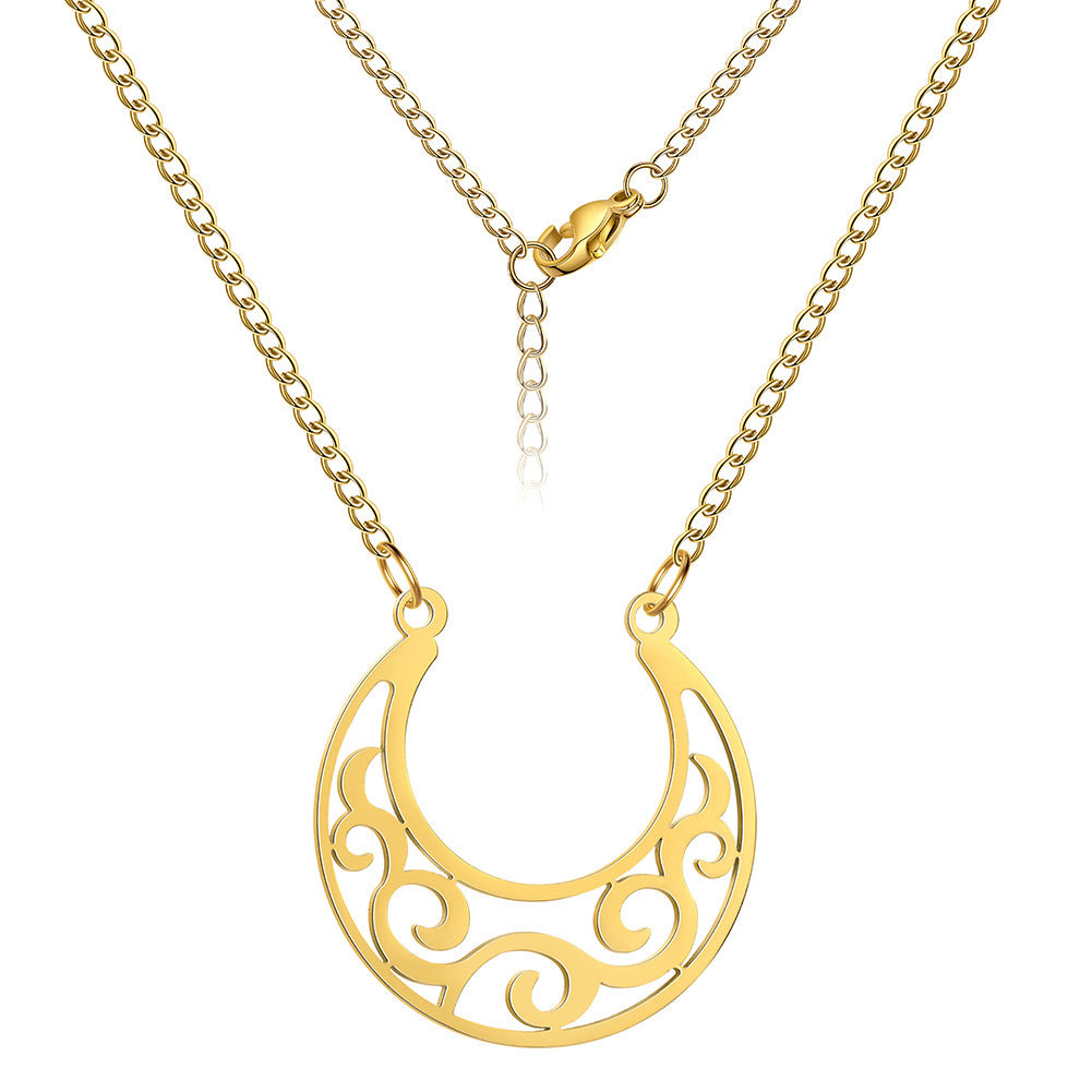 Cut Titanium Steel Hollow Moon Curl Pattern Pendant 18K Real Gold Plated Women's Stainless Steel Necklace