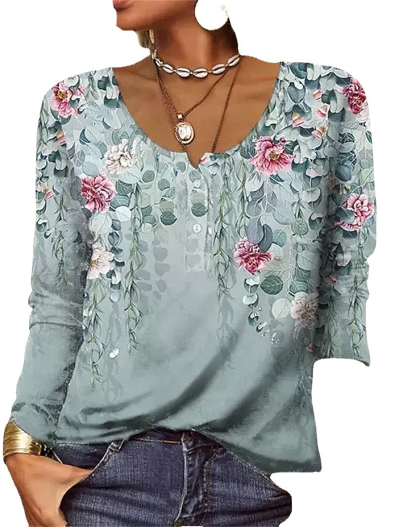 Camiseta holgada con botones y cuello en U floral geométrica de manga larga para mujer