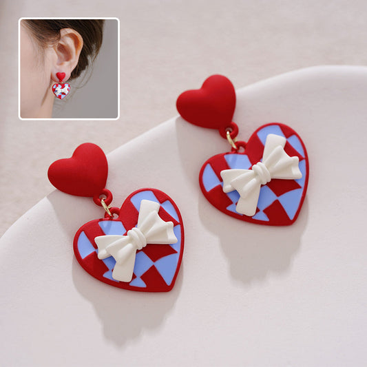 Red Love Bow Earrings Sweet And Gentle Unique Design Temperament Earrings Jewelry For Women Christmas Valentine's Day Gift