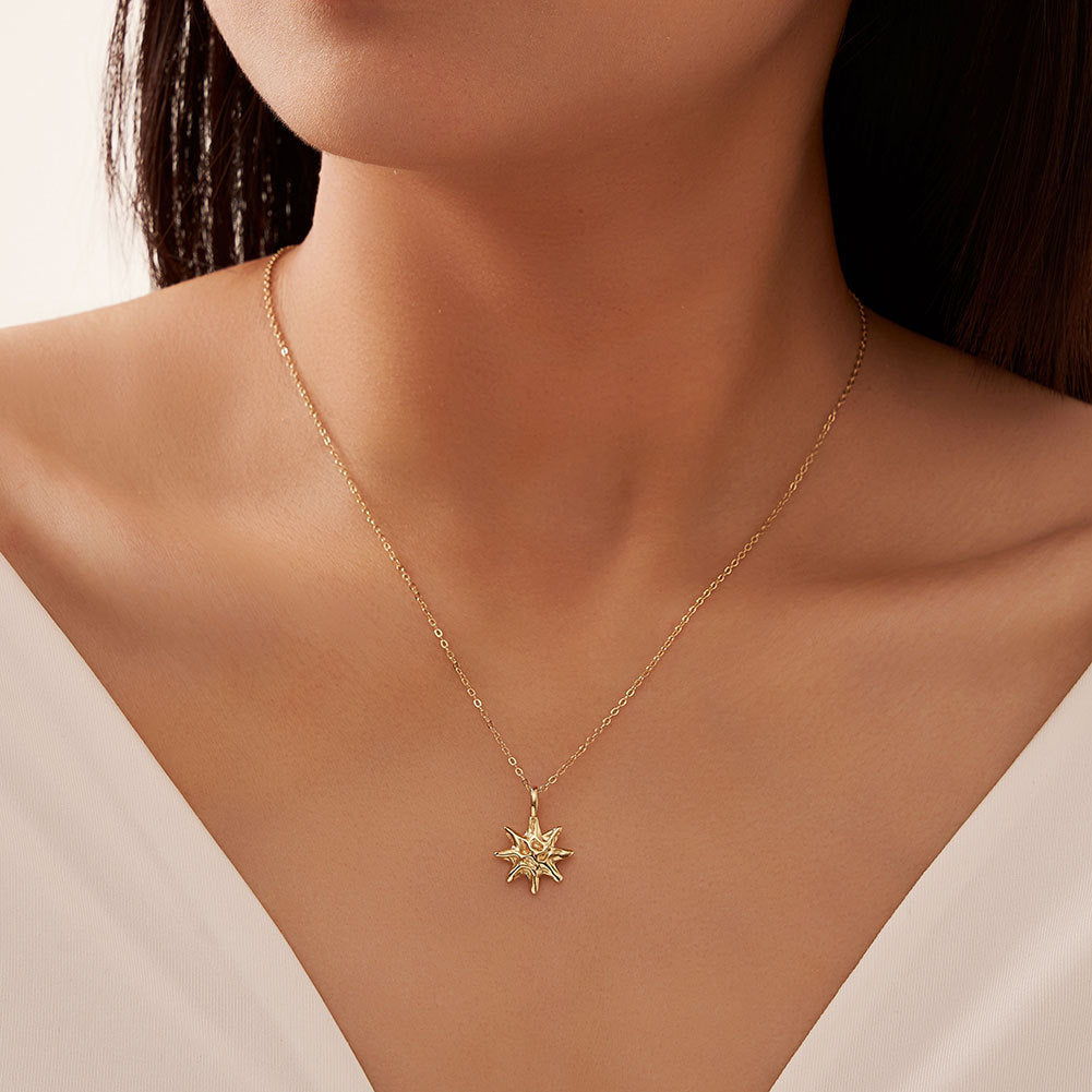 S925 Sterling Silver Hammered Star Pendant Necklace 14K Gold Plated Chain