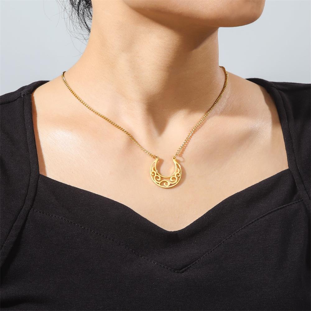 Cut Titanium Steel Hollow Moon Curl Pattern Pendant 18K Real Gold Plated Women's Stainless Steel Necklace