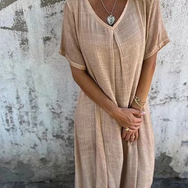 Vestido semiformal con cuello en V de lino y algodón con temperamento a la moda para mujer