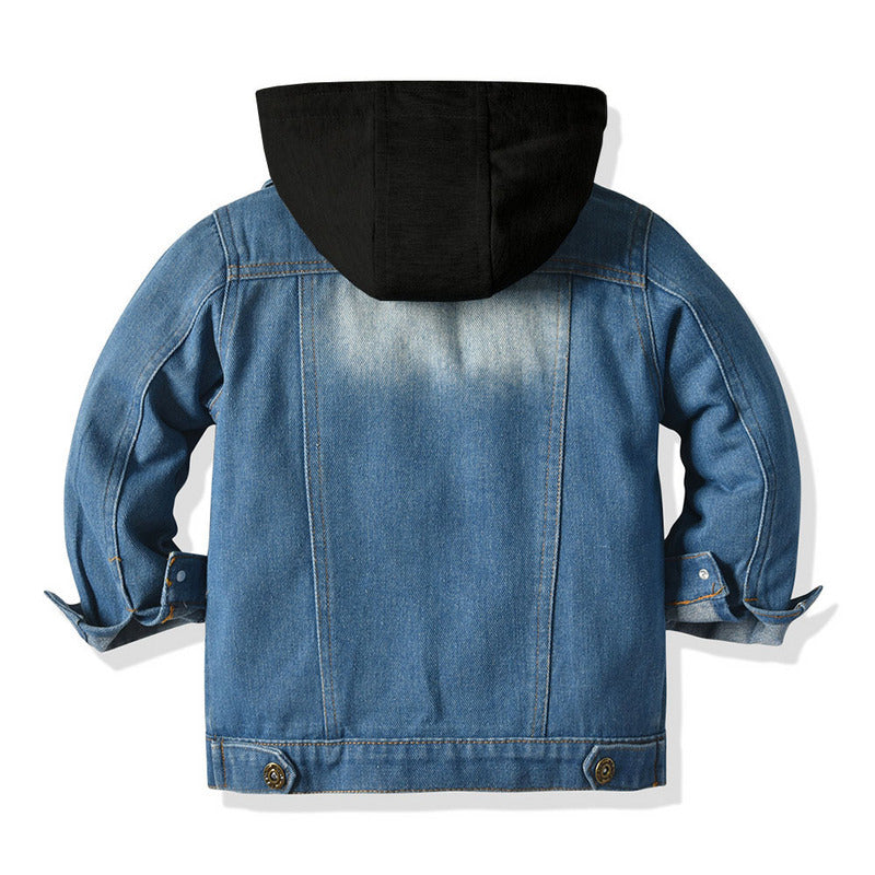 Chaqueta vaquera falsa de dos piezas para niños, top informal de moda con capucha para niños