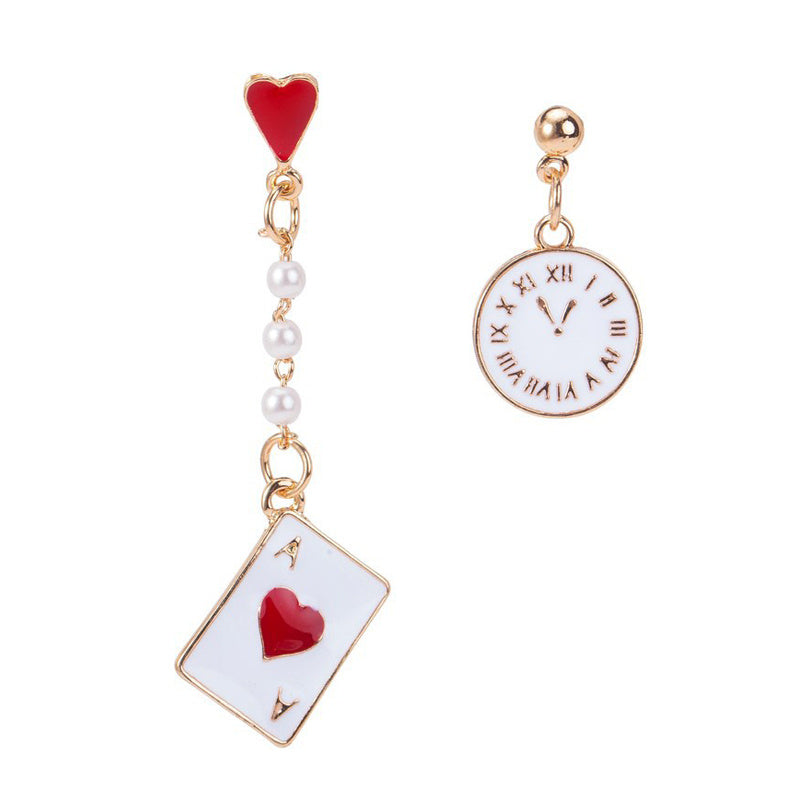 Cartoon Alice Clock Poker Card Ace of Hearts Pearls Asymmetrical Earrings For Women Girls