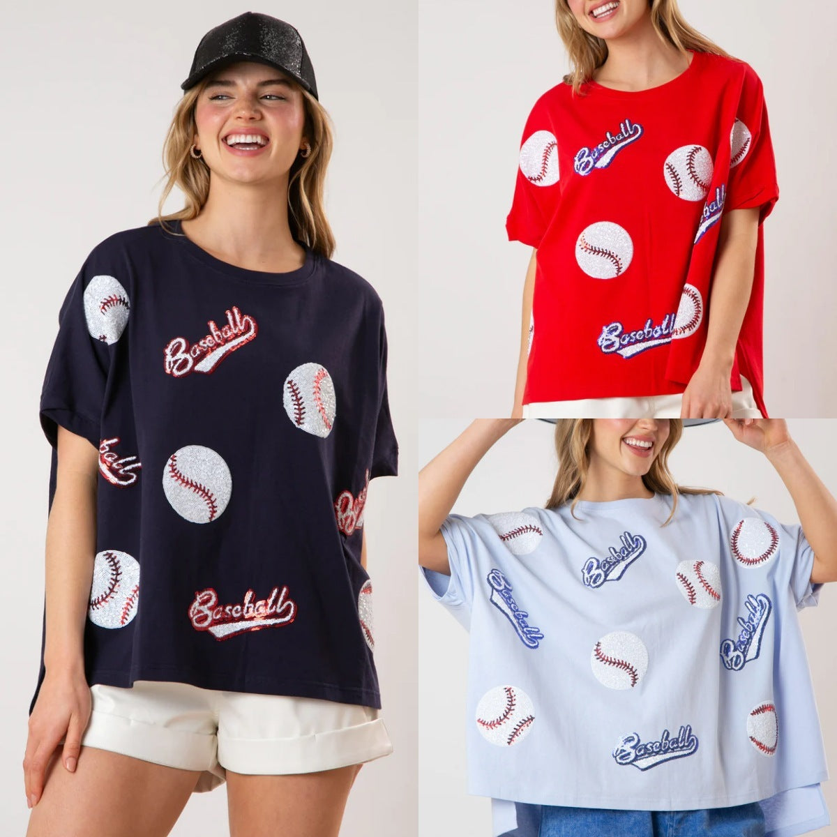 Baseball Sequined Short-sleeved Top Loose-fitting Casual T-shirt