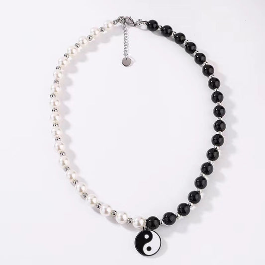 Yin Yang Tai Chi Gossip Pendant Necklace Black And White String Of Pearls