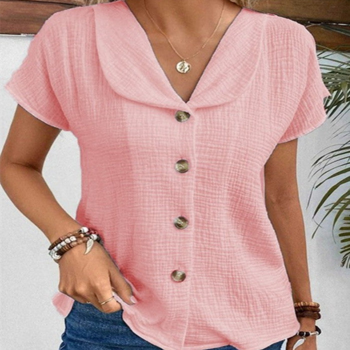 Top de mujer con botones de manga corta de moda de color sólido de verano