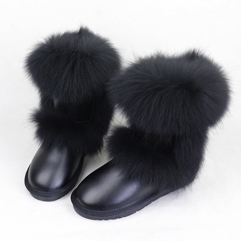 Botas de nieve de piel de zorro a media pantorrilla de invierno para mujer