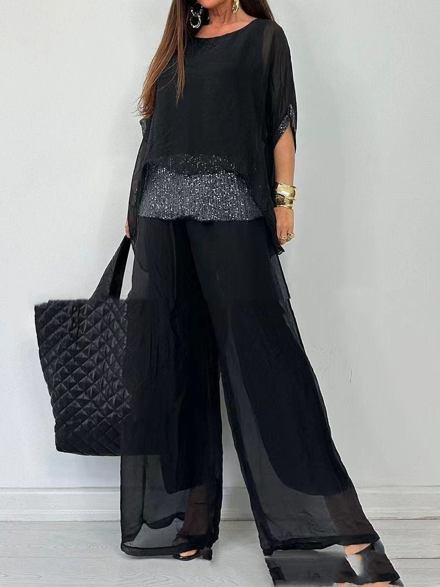 Chiffon Round Neck Short Sleeve Sequin Stitching Trousers Casual Suit