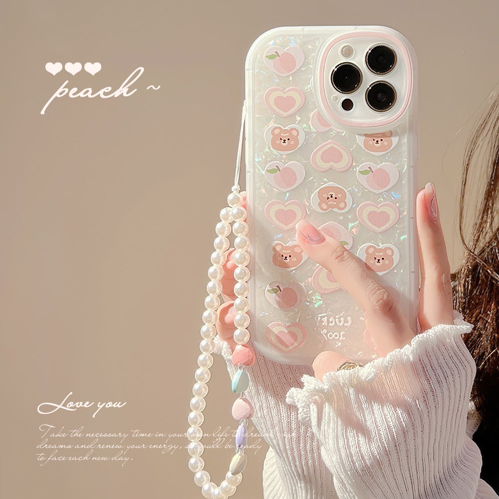 Funda para teléfono con cadena de perlas y osito de amor de melocotón