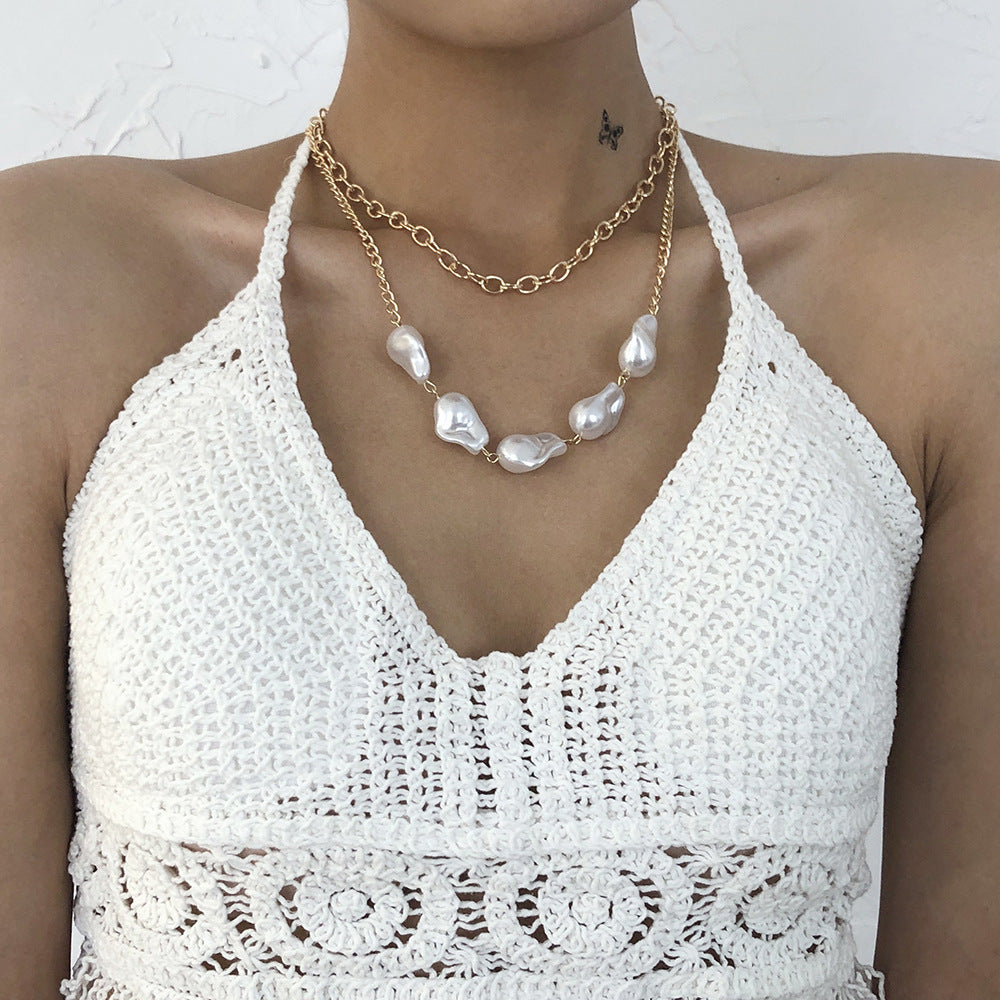 Simple Double-layer Necklace With Special-shaped Pearls